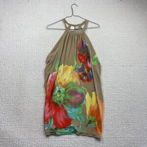 Y2K Poet Beige Floral Halter Dress Summer Boho Tropical Romantic Wom Sz M Chic